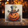 Peeping Tom's Cottage Custom Printed Tile Witch's Hat Jack-o'-Lantern: Hand-Crafted Watercolor Art Tile for Spooky Home Deco