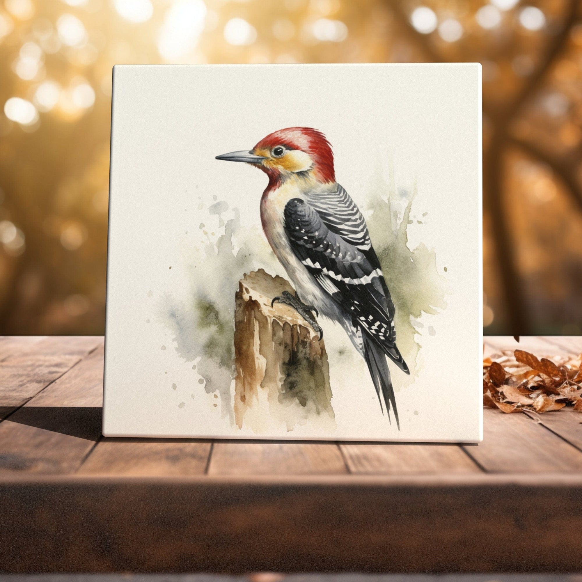 Peeping Tom's Cottage Custom Printed Tile Woodland Watcher - Red-Headed Woodpecker Watercolor Art Tile for Rustic Home Decor