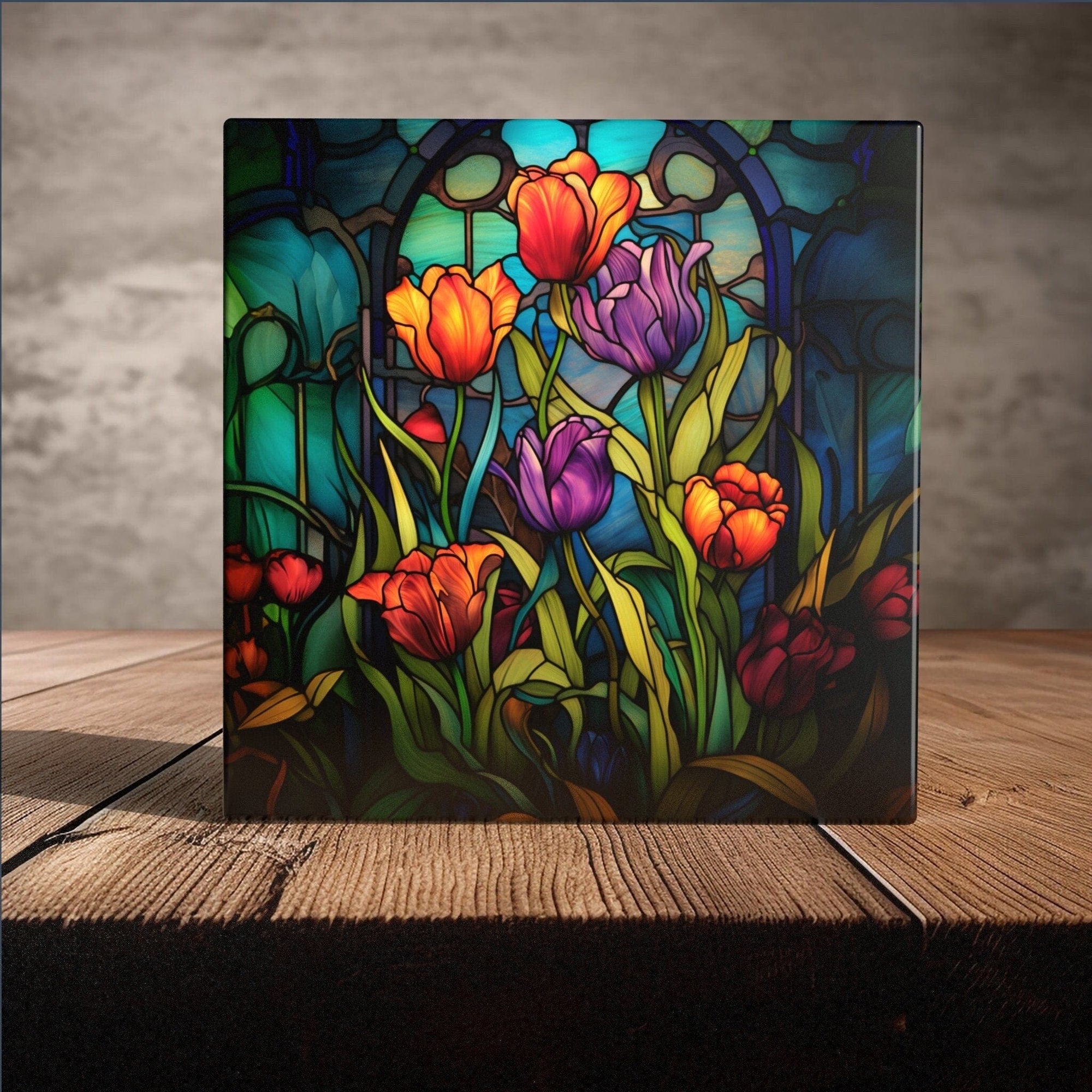 Peeping Tom's Cottage decorative tile Enchanted Tulip Stained Glass - Luxurious Handcrafted Art Tile for Sophisticated Home Deco