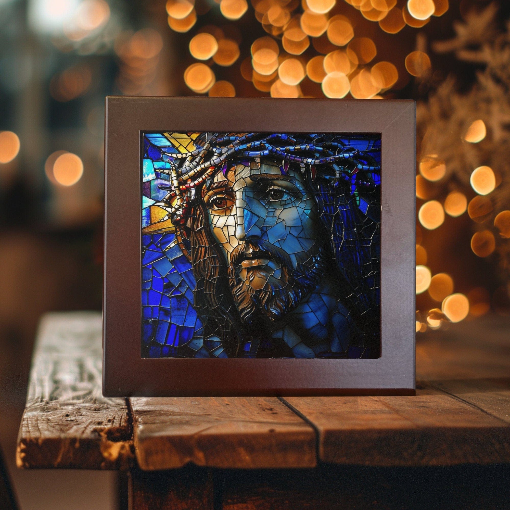Peeping Tom's Cottage Jesus - Crown of Thorns Stained Glass-Like Ceramic Tile - Inspirational Religious Artwork
