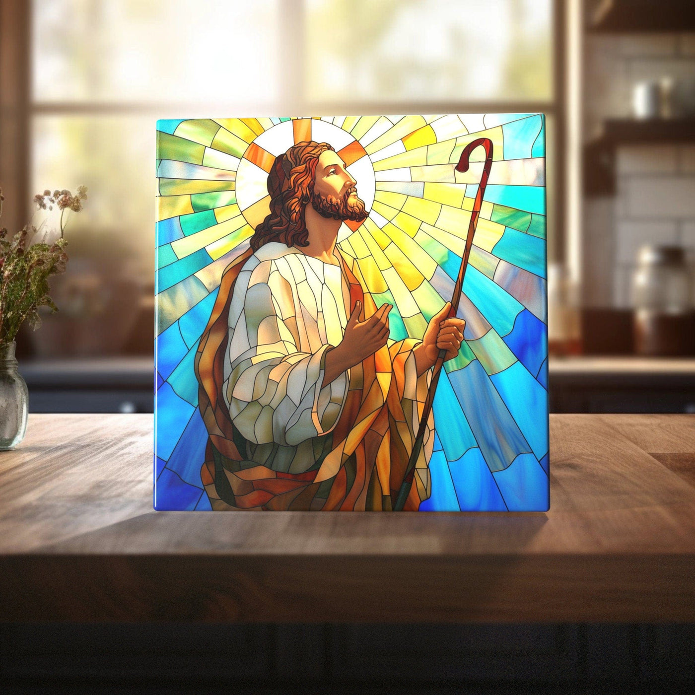 Peeping Tom's Cottage Jesus - Radiant Shepherd Stained Glass-Like Ceramic Tile - Divine Home Accent