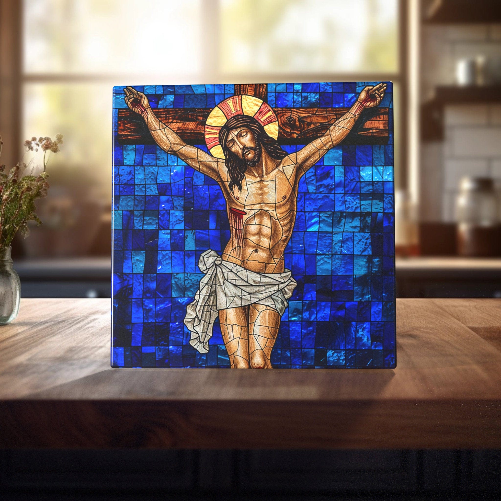 Peeping Tom's Cottage Jesus -Sacrificial Grace Stained Glass-Like Ceramic Tile - Solemn Spiritual Art