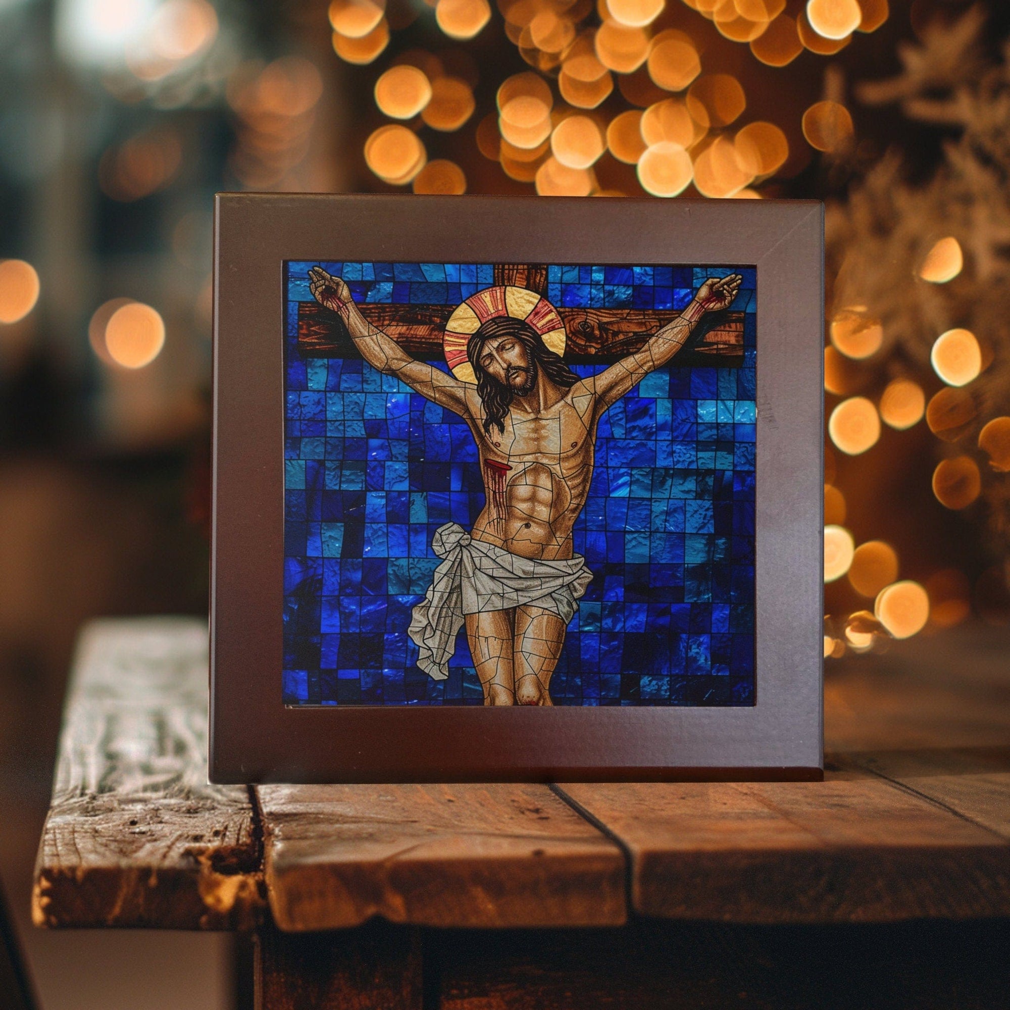 Peeping Tom's Cottage Jesus -Sacrificial Grace Stained Glass-Like Ceramic Tile - Solemn Spiritual Art