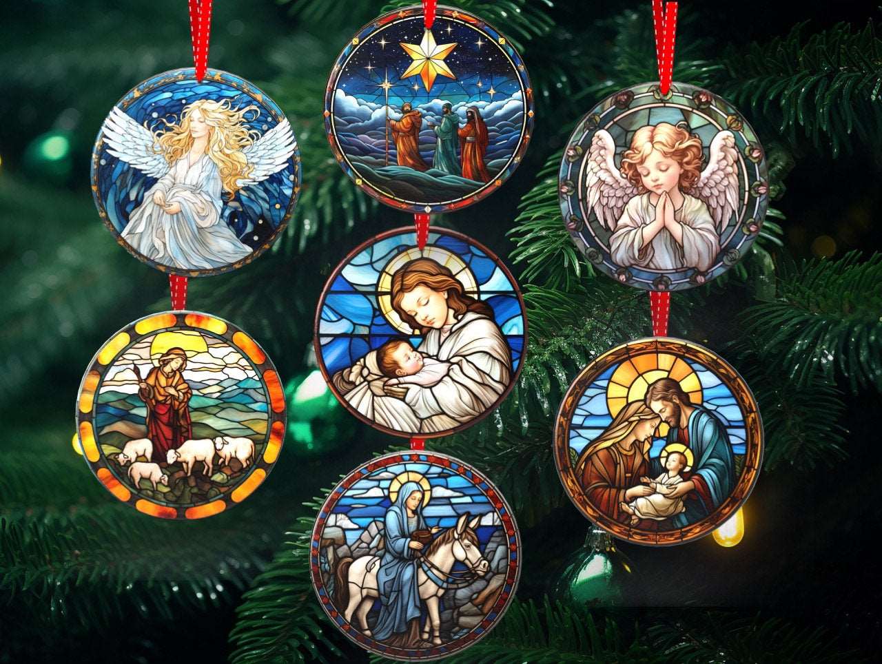 Peeping Tom's Cottage ornament Heavenly Glow - Set of 7 Stained Glass Nativity Scene Ornaments for Christmas Tree Decor