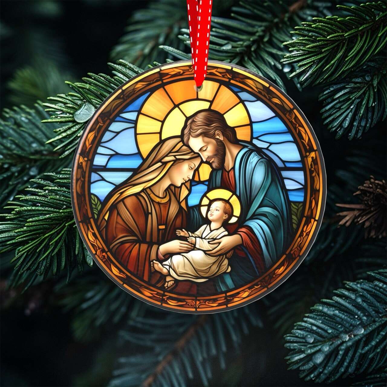 Peeping Tom's Cottage ornament Heavenly Glow - Set of 7 Stained Glass Nativity Scene Ornaments for Christmas Tree Decor